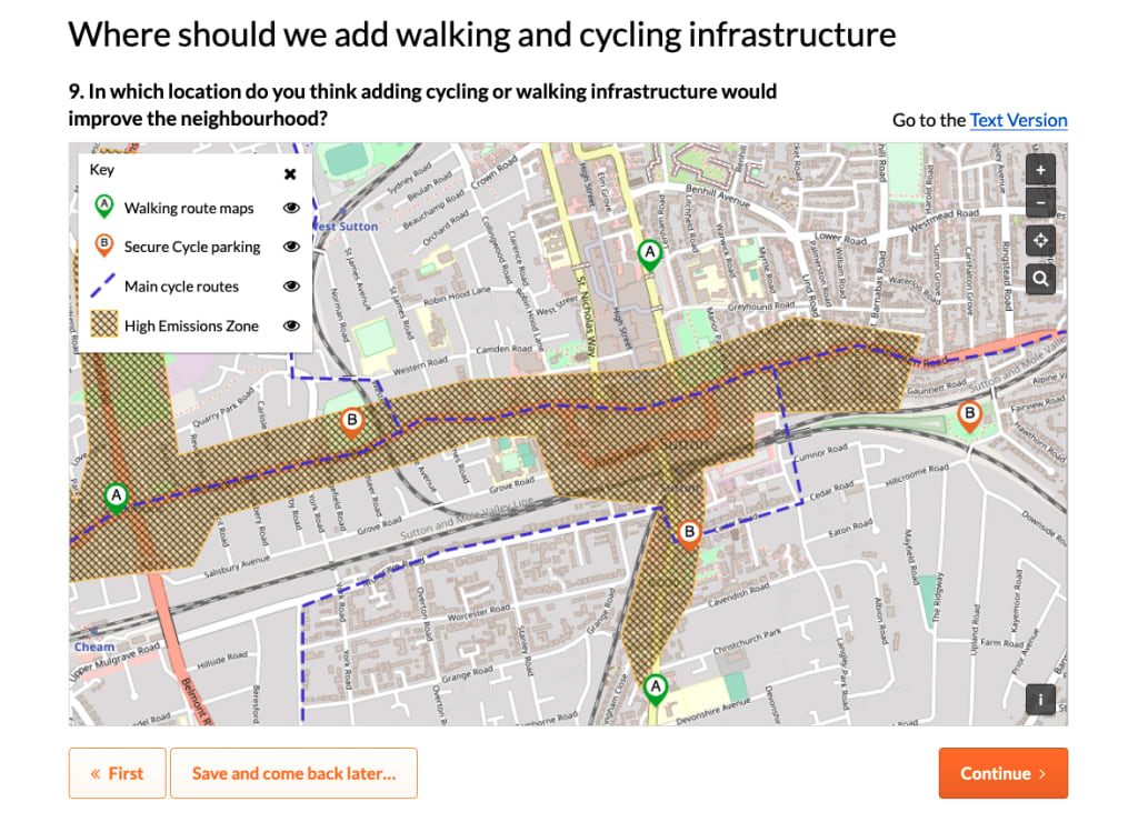Image displaying the new feature styles in Citizen Space Geospatial: patterned fills, dashed lines, and letter-delineated pins, as well as a key which displays the type of feature rather than just a colour