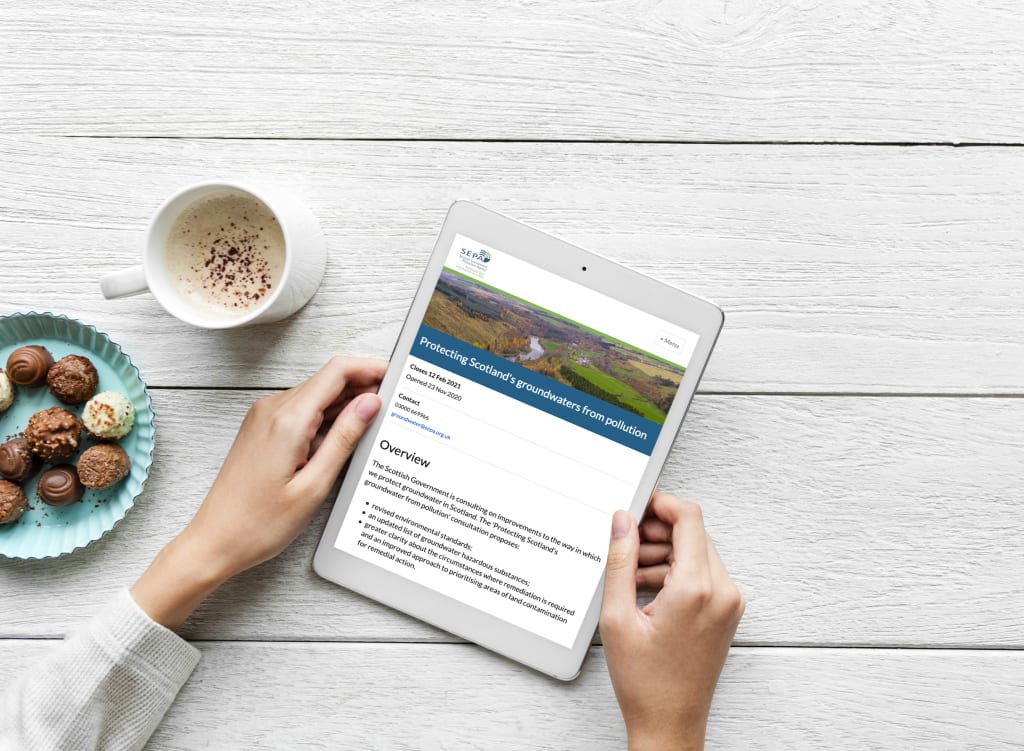 Landing page of SEPA's consultation, 'Protecting Scotland's groundwaters from pollution', displayed on a tablet