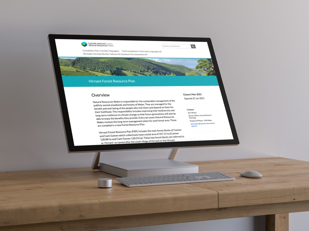 Mockup of Natural Resources Wales' 'Hirnant Forest Resource Plan' consultation displayed on a desktop computer