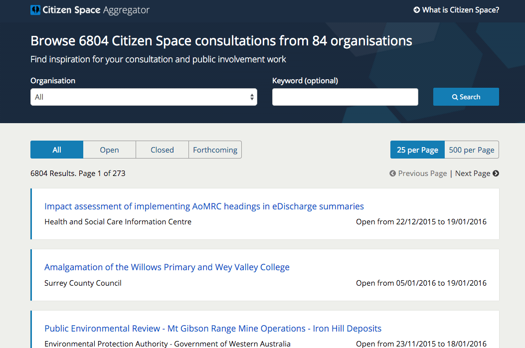 Screenshot of new-look Citizen Space Aggregator