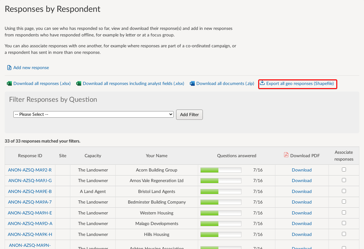 The 'Responses by respondent' section in Citizen Space, displaying the option to export all geo responses as a shapefile