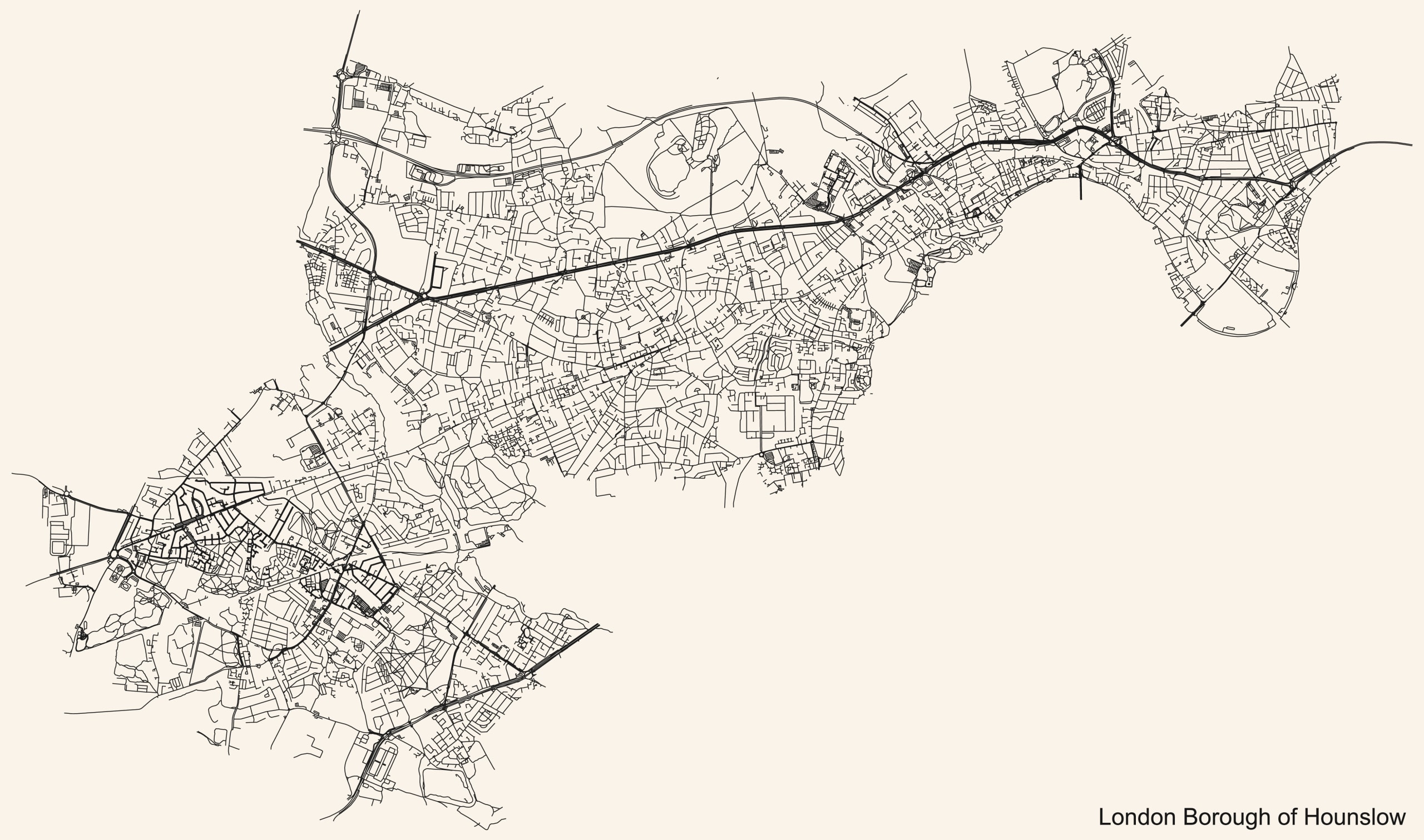 a black and white map showing the roads in the London Borough of Hounslow