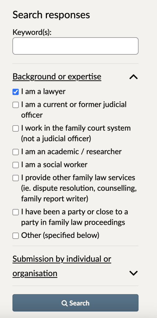 Image showing the "search responses" feature in Citizen Space, where you could look for a response by key word, or filter by respondent background or expertise, and/or by the capacity in which they responded.