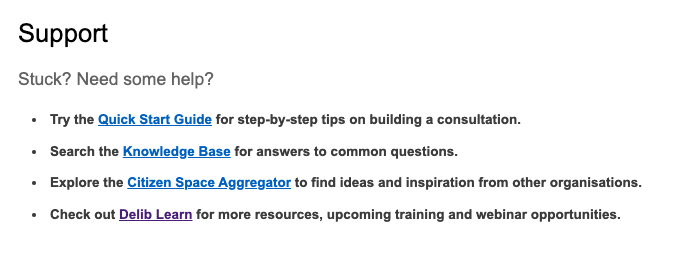 Image displaying link to Delib Learn underneath existing Support section