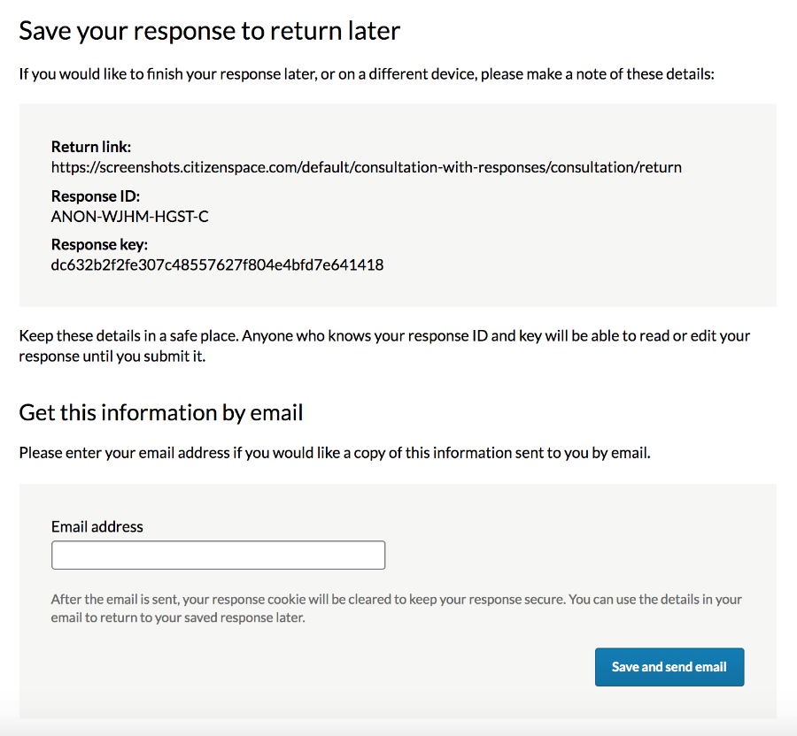 Image demonstrating new 'return link' and 'response key' message displayed after a respondent submits a response
