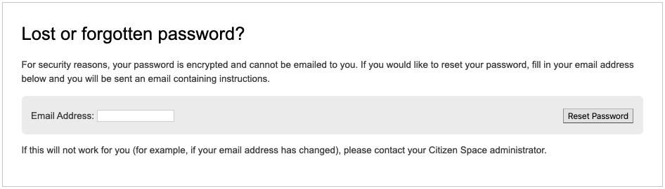 Forgotten password with email address and reset button with new single light grey box background