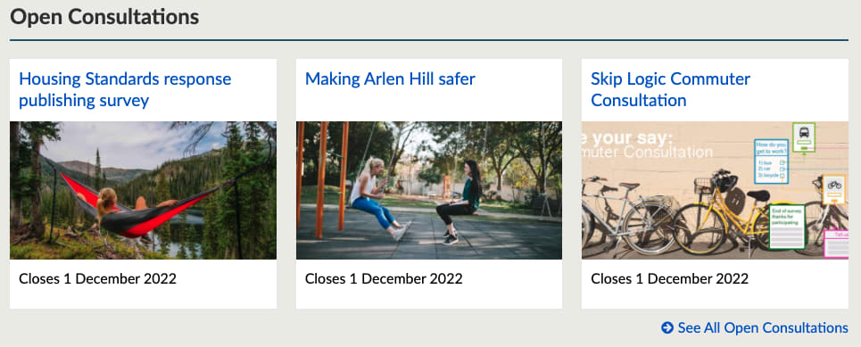 Homepage gallery listing with 3 open consultations