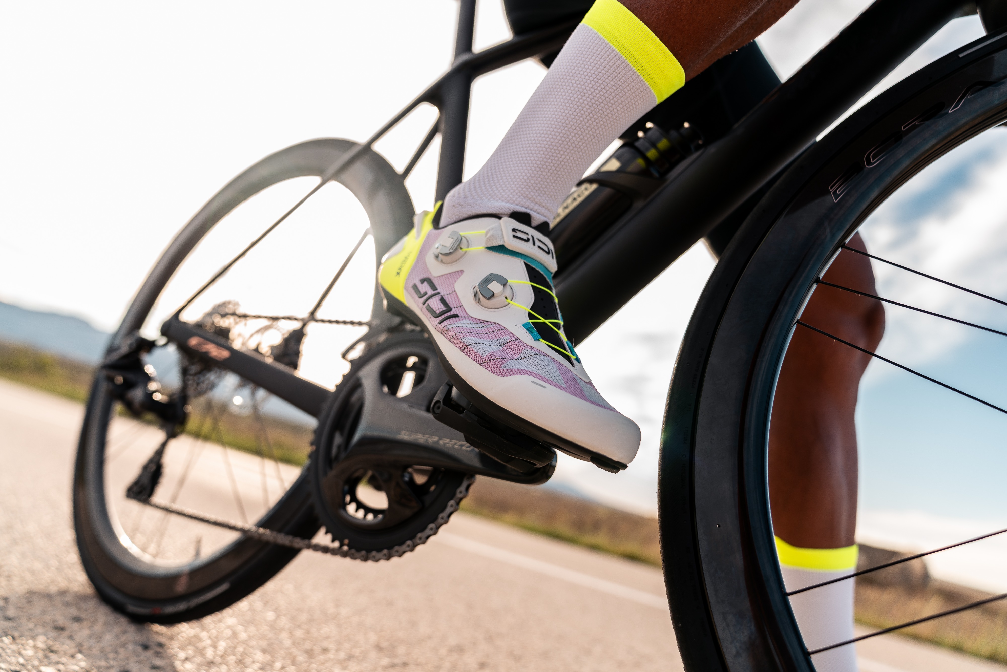 SIDI race boot on a rider's foot at a motorcycle track day