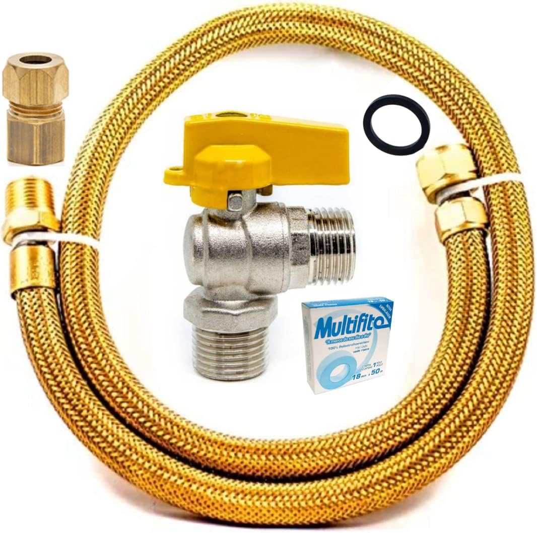  Kit Gás C/ Mangueira Gás Encanado + Registro Angular 90° + Adaptador 1/2 Fêmea