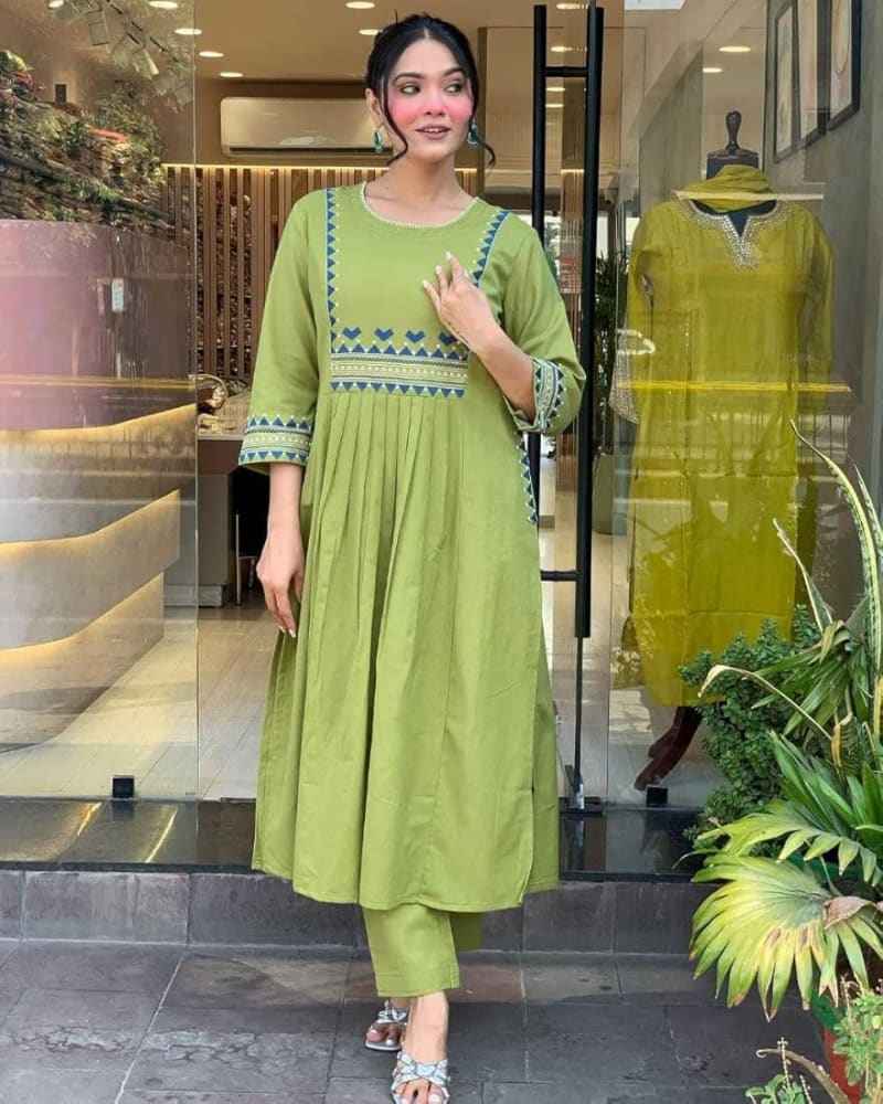 A-Line Kurti - Olive (Rayon)