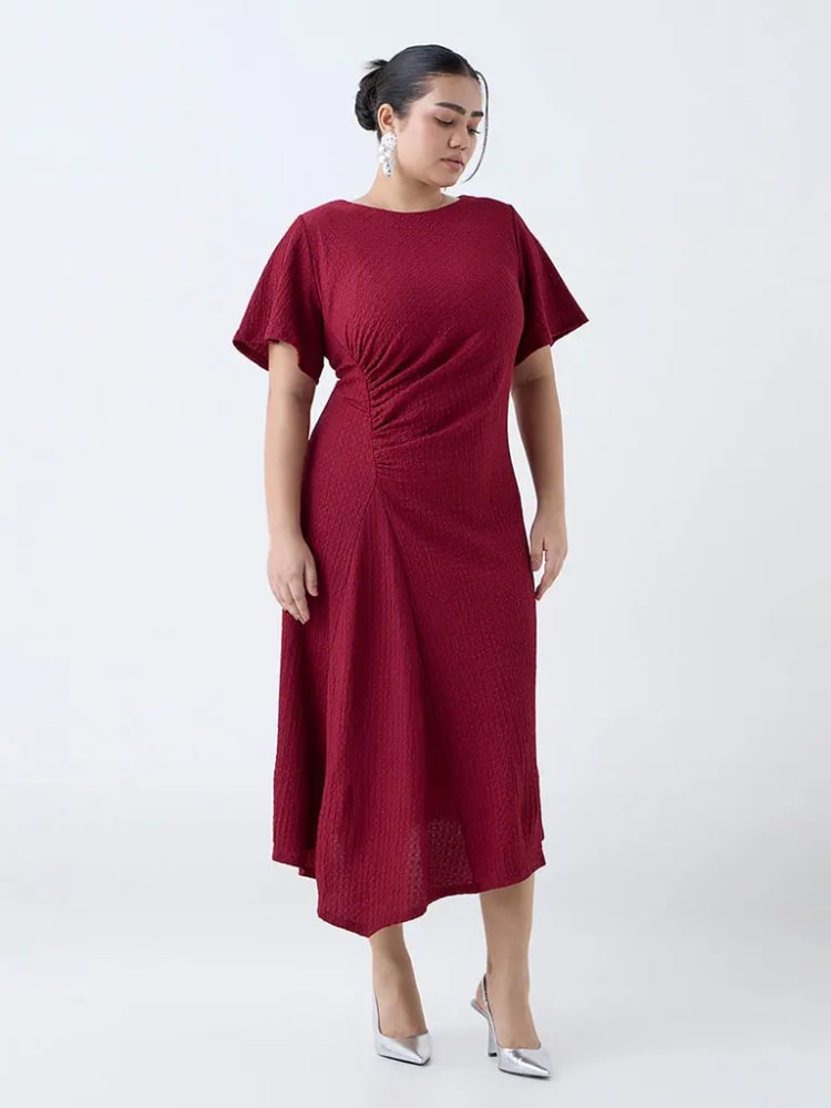 A-Line Midi Dress - Maroon (Cotton Blend)