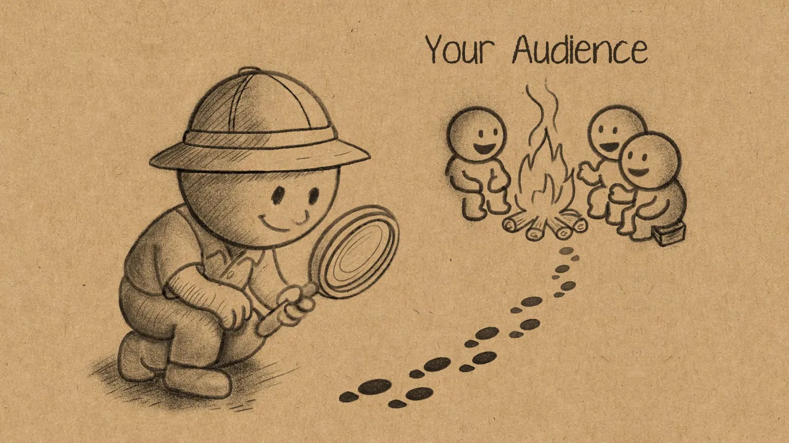 A hand-drawn charcoal sketch on textured brown paper. The illustration shows a friendly cartoon character dressed as an explorer, crouching and examining a trail of footprints with a large magnifying glass. The footprints lead to a happy group of characters gathered around a campfire, which is labeled 'Your Audience'.