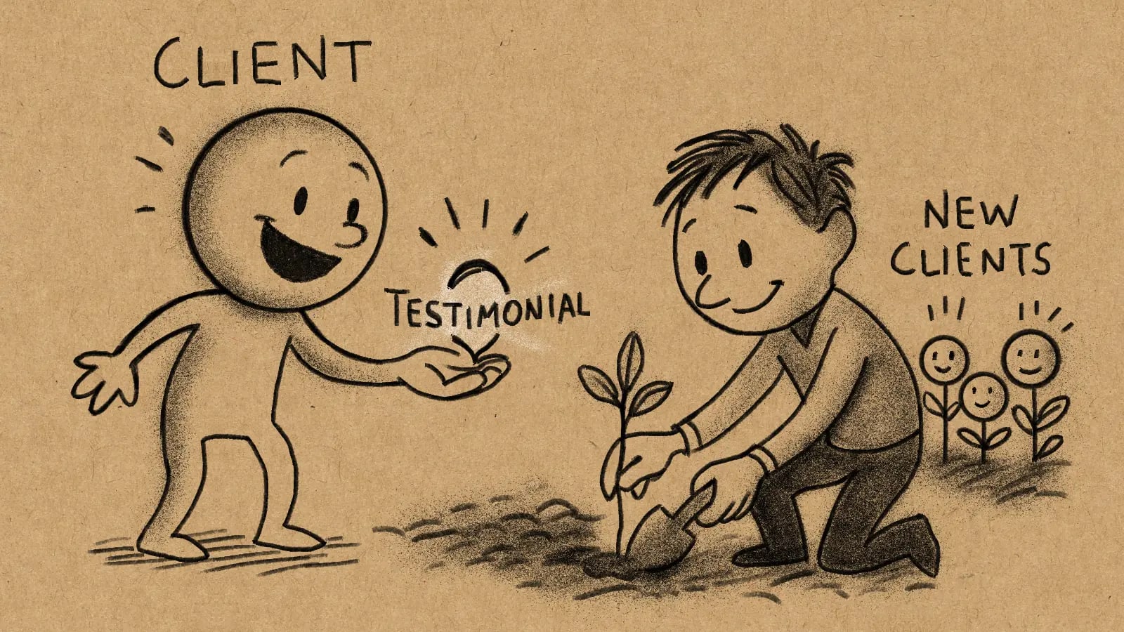 A hand-drawn charcoal sketch on brown paper. A happy, glowing cartoon character labeled 'CLIENT' is giving a shining seed labeled 'TESTIMONIAL' to another character. This second character is smiling as they kneel in a garden, planting a seedling. In the background, several small plants with smiling faces are sprouting from the ground, labeled 'NEW CLIENTS'.