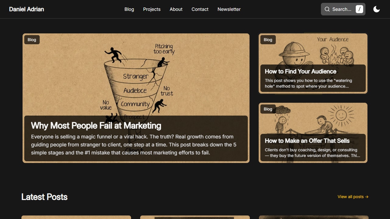 Screenshot of the "Daniel Adrian" blog homepage featuring a dark UI and three featured articles with hand-drawn, sketch-style illustrations on a textured tan background. 