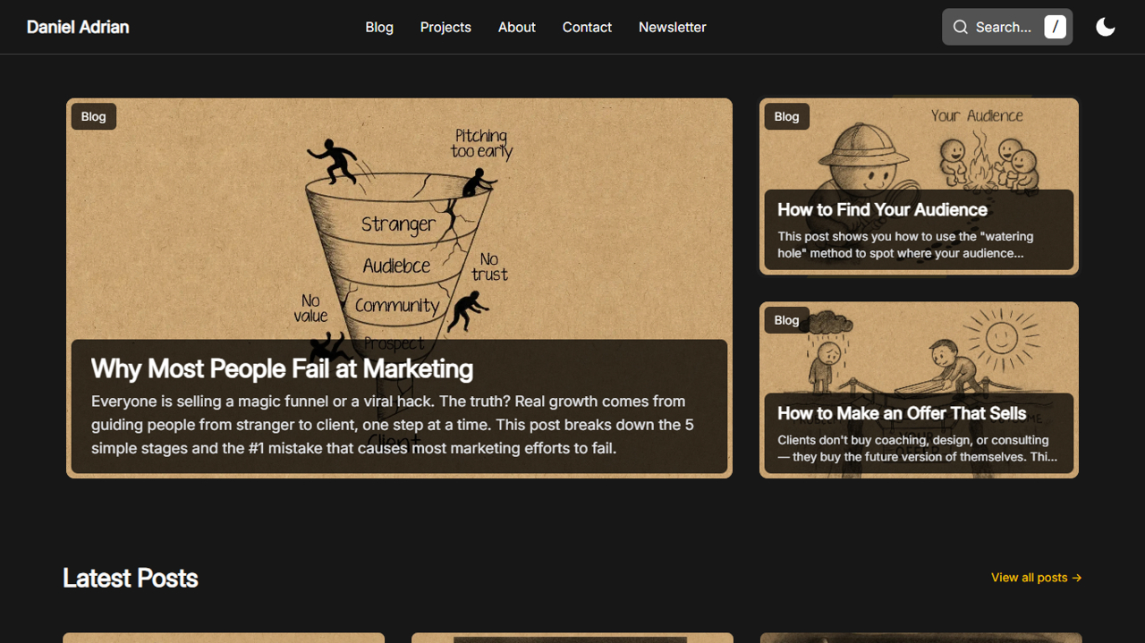 Screenshot of the "Daniel Adrian" blog homepage featuring a dark UI and three featured articles with hand-drawn, sketch-style illustrations on a textured tan background. 