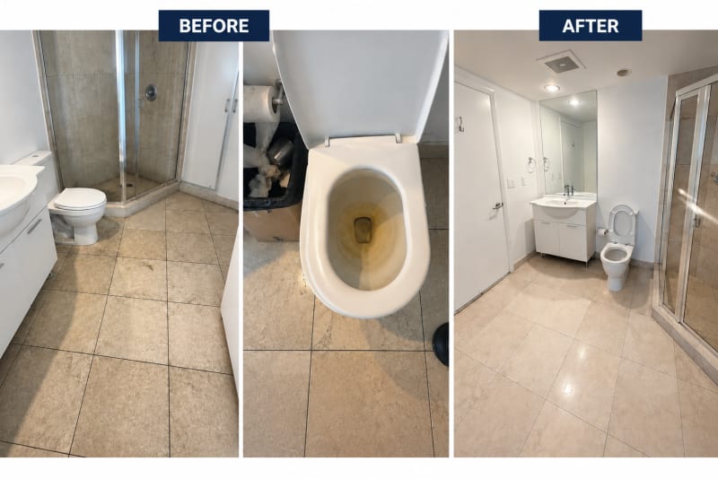 Bathroom before and after deep cleaning in Miami by Miami Tidy Clean