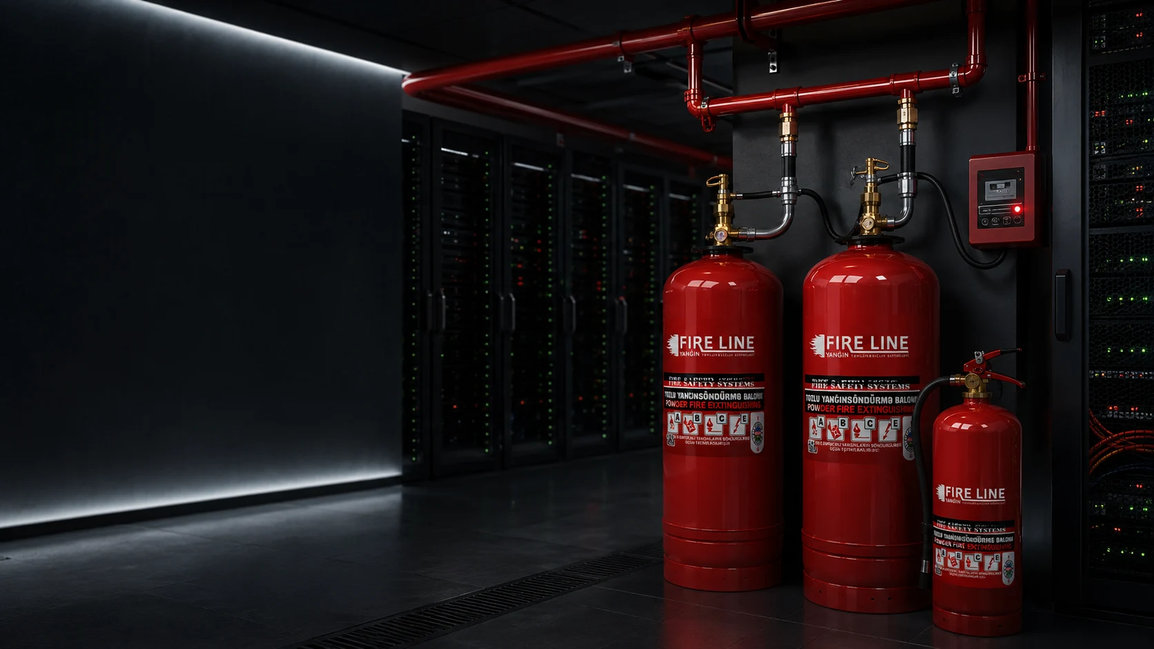 Serverlər zolağında quraşdırılmış FireLine qazlı söndürmə balonları