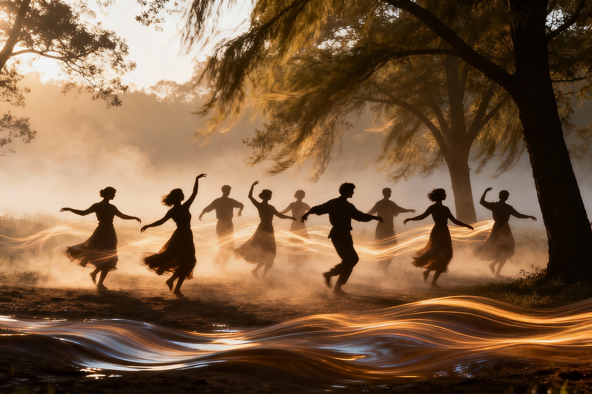 Group of people dancing in a forest