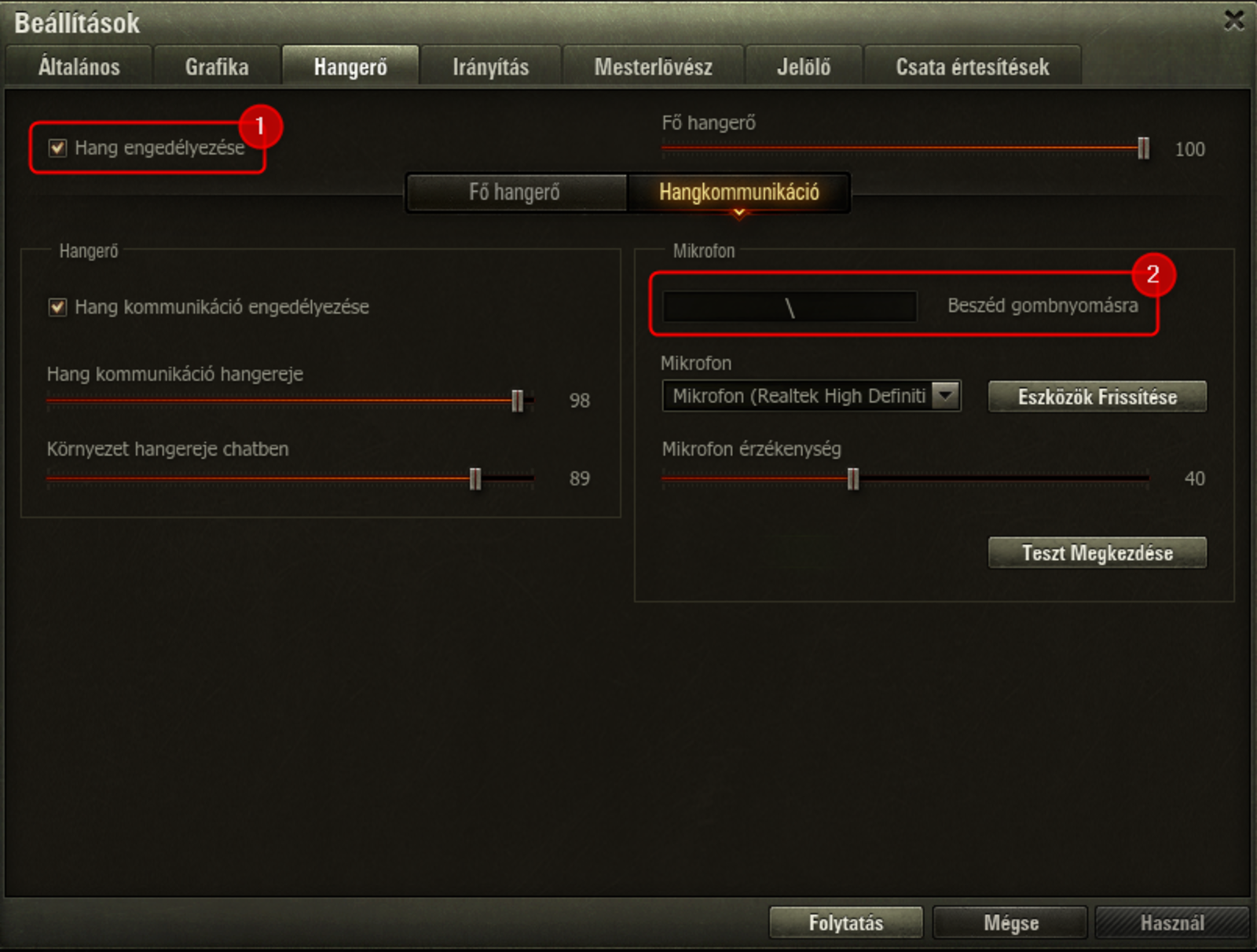 képernyőkép WoT kliens beállítások