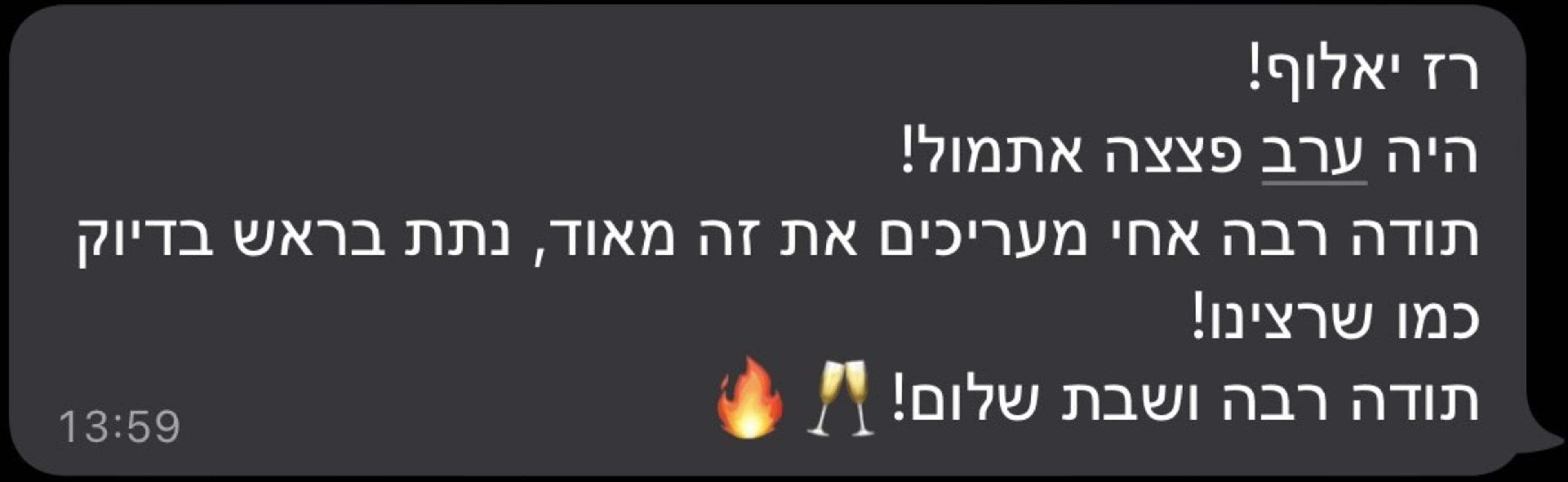 רז יאלוף! היה ערב פצצה אתמול! תודה רבה אחי מעריכים את זה מאוד, נתת בראש בדיוק כמו שרצינו! תודה רבה ושבת שלום!
