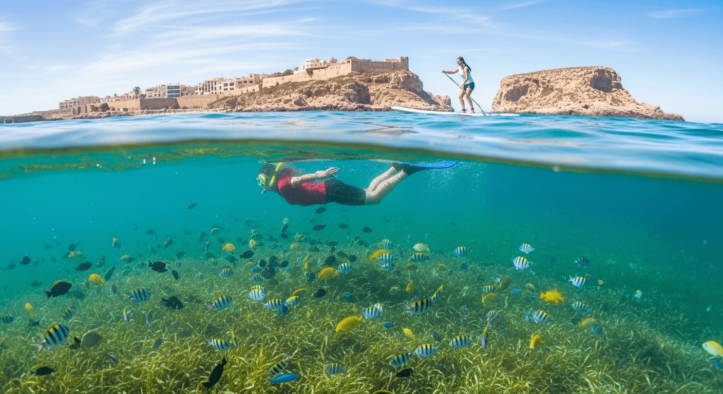 Snorkeling underwater and paddle surfing above the surface in Tabarca, Alicante