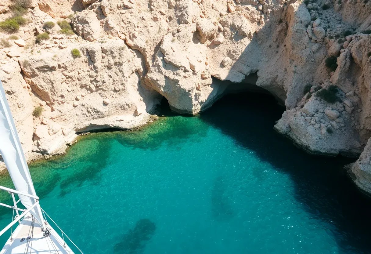 Hidden cove near Alicante with crystal turquoise water seen from a sailboat