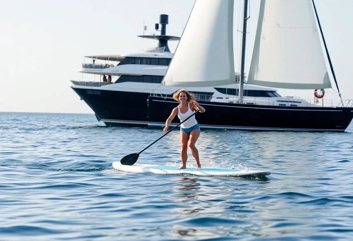 Paddle surf next to a sailing yacht in calm Mediterranean waters