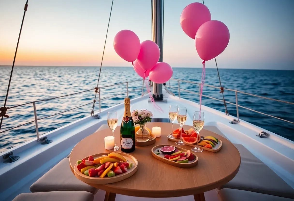 Table setup on deck with champagne and pink balloons for a bachelorette party