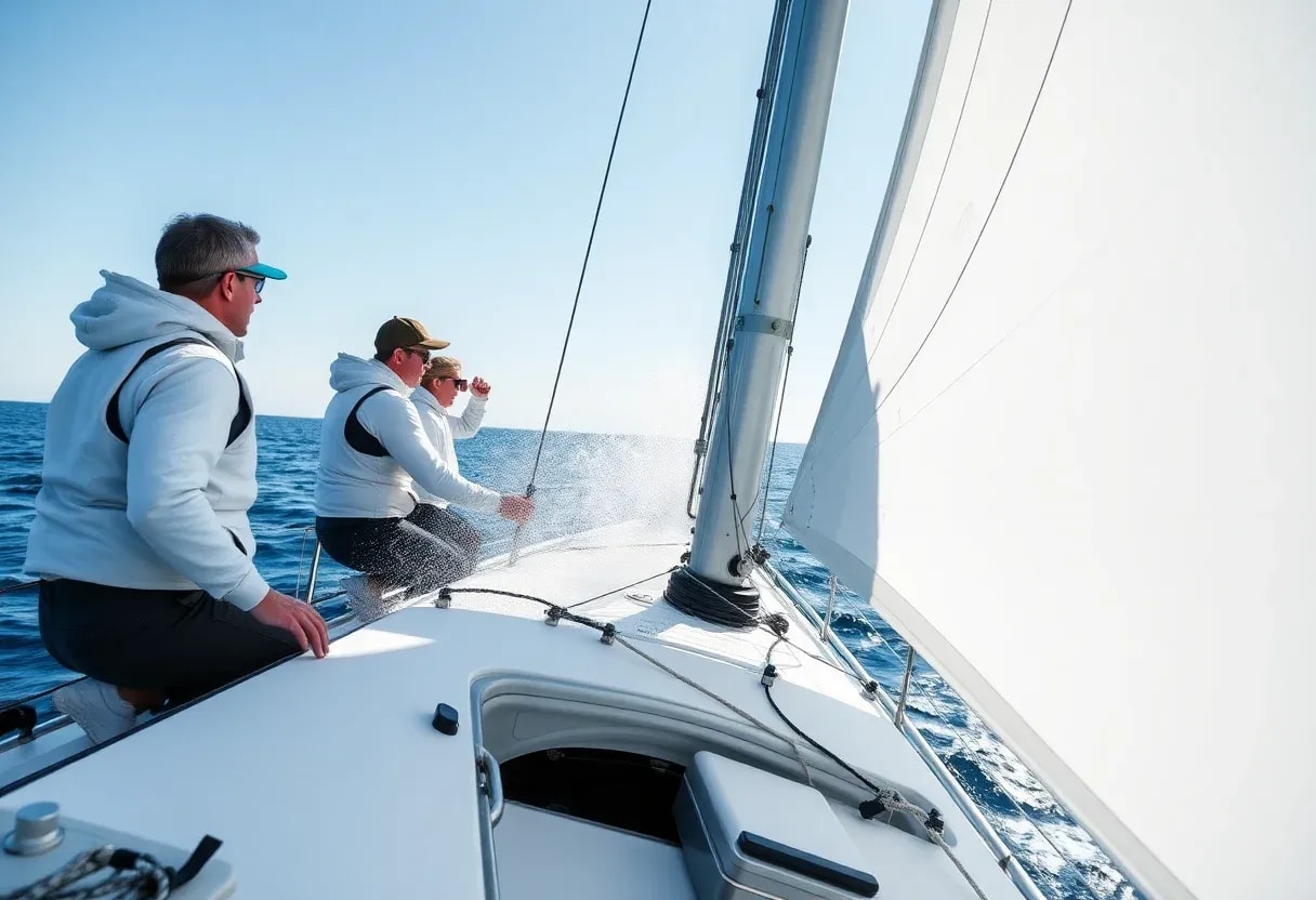 Crew adjusting sails during a cruiser race in the Mediterranean