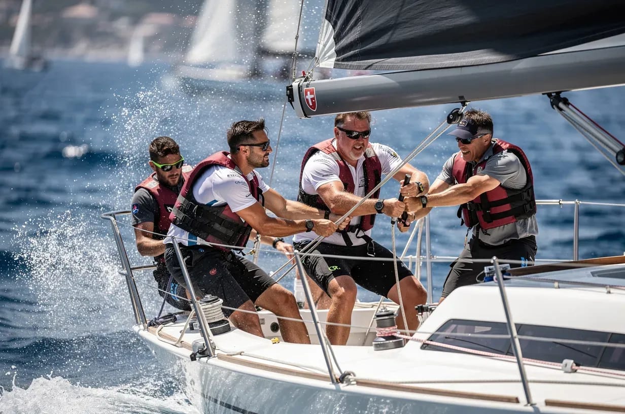 Tripulación ajustando las velas durante una regata de crucero en aguas de Alicante