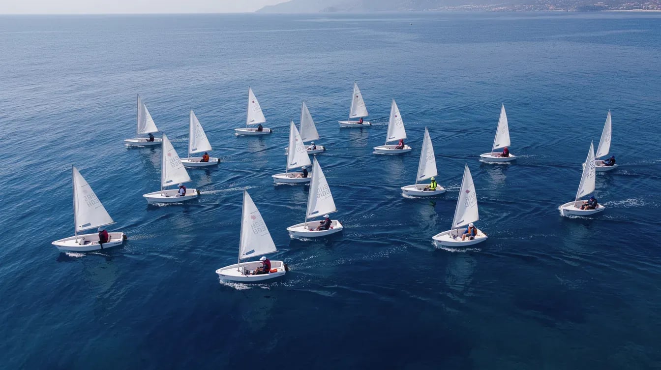 Flota de Optimist navegando en una regata infantil en Alicante