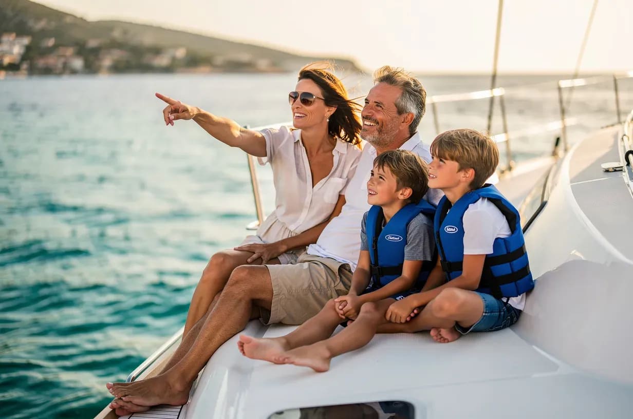 Familia disfrutando de un día de navegación con sus hijos a bordo de un velero en Alicante