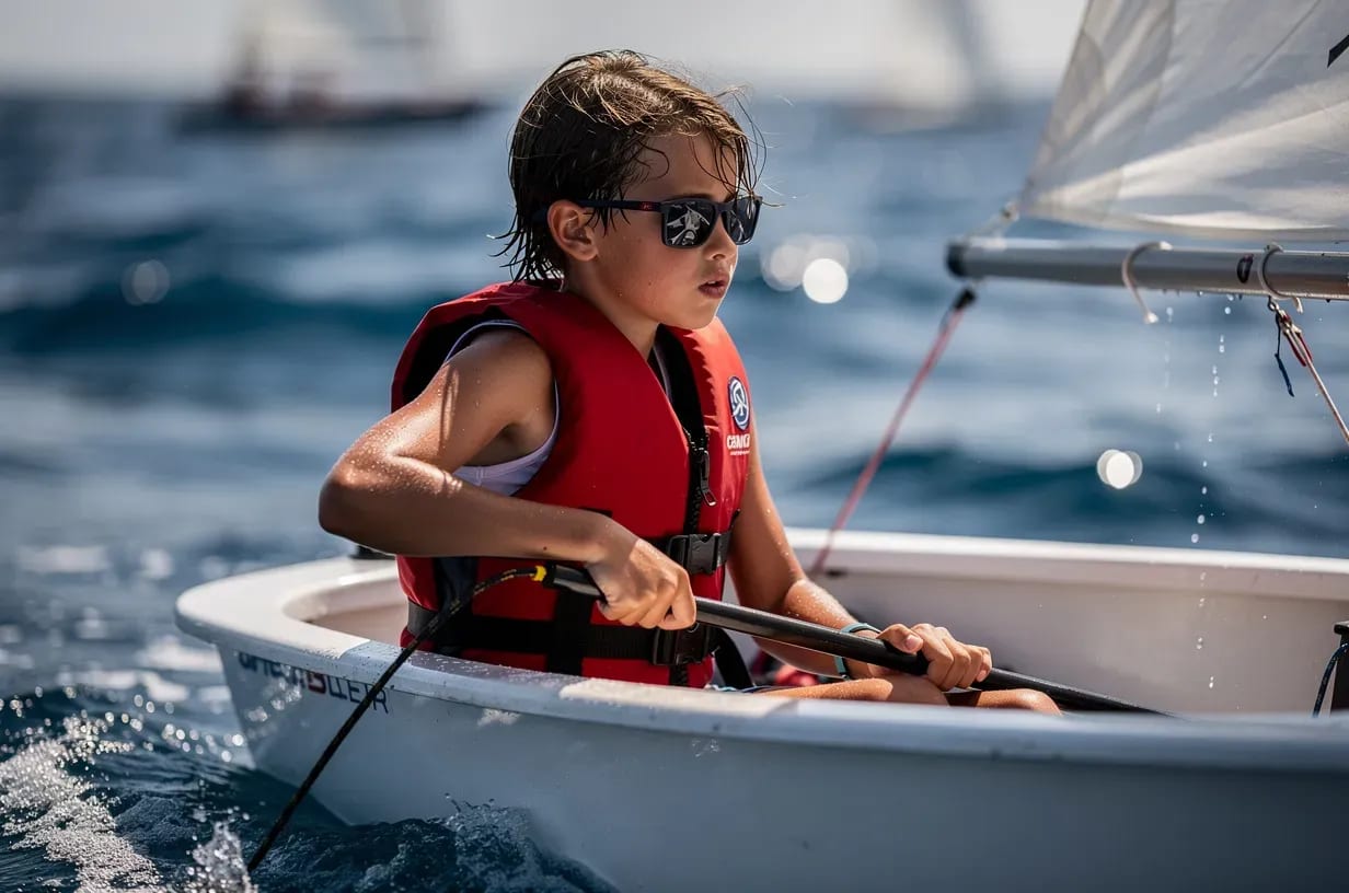 Joven regatista adolescente navegando concentrada en su Optimist durante una regata escolar