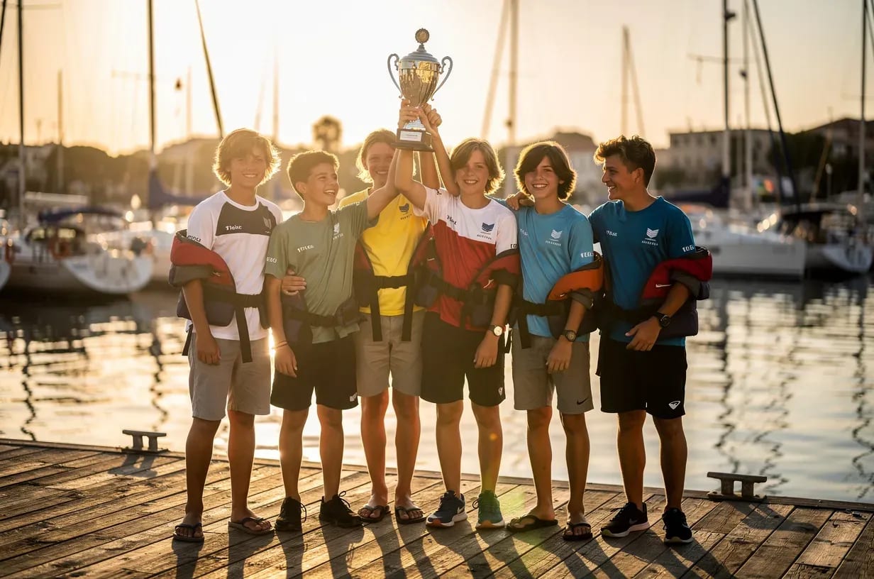Grupo de jóvenes regatistas celebrando con un trofeo tras una competición de vela en Alicante