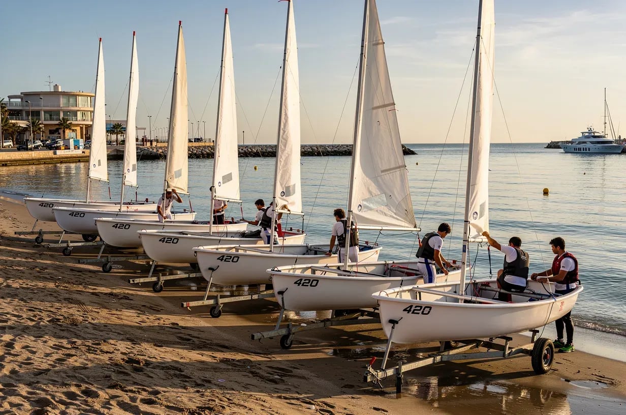 Fleet of 420 dinghies ready for training at the Real Club de Regatas of Alicante