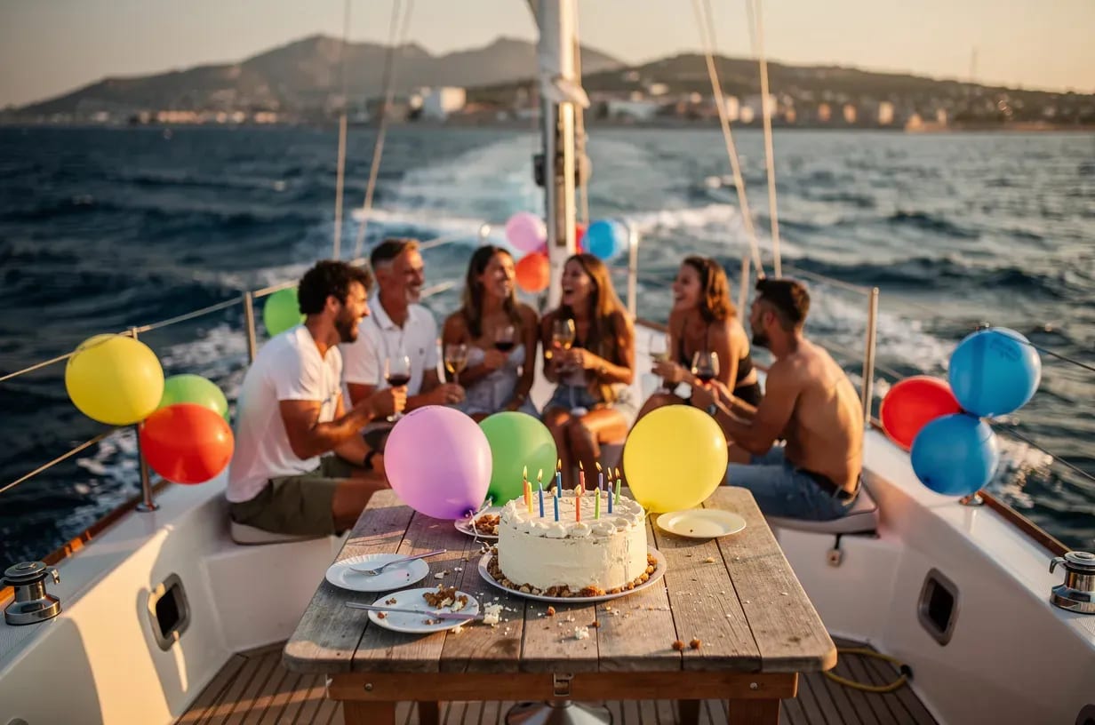 Birthday celebration on a sailboat with cake and balloons in the Mediterranean
