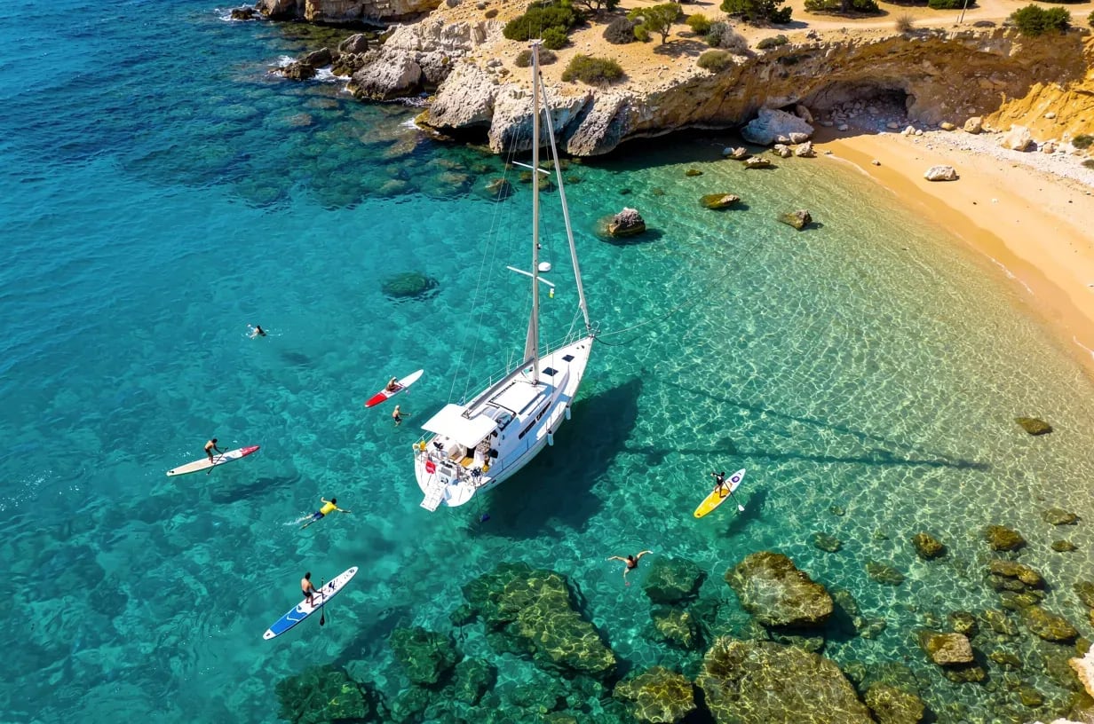 Aerial view of a sailboat anchored in a turquoise cove near Alicante with people paddle boarding