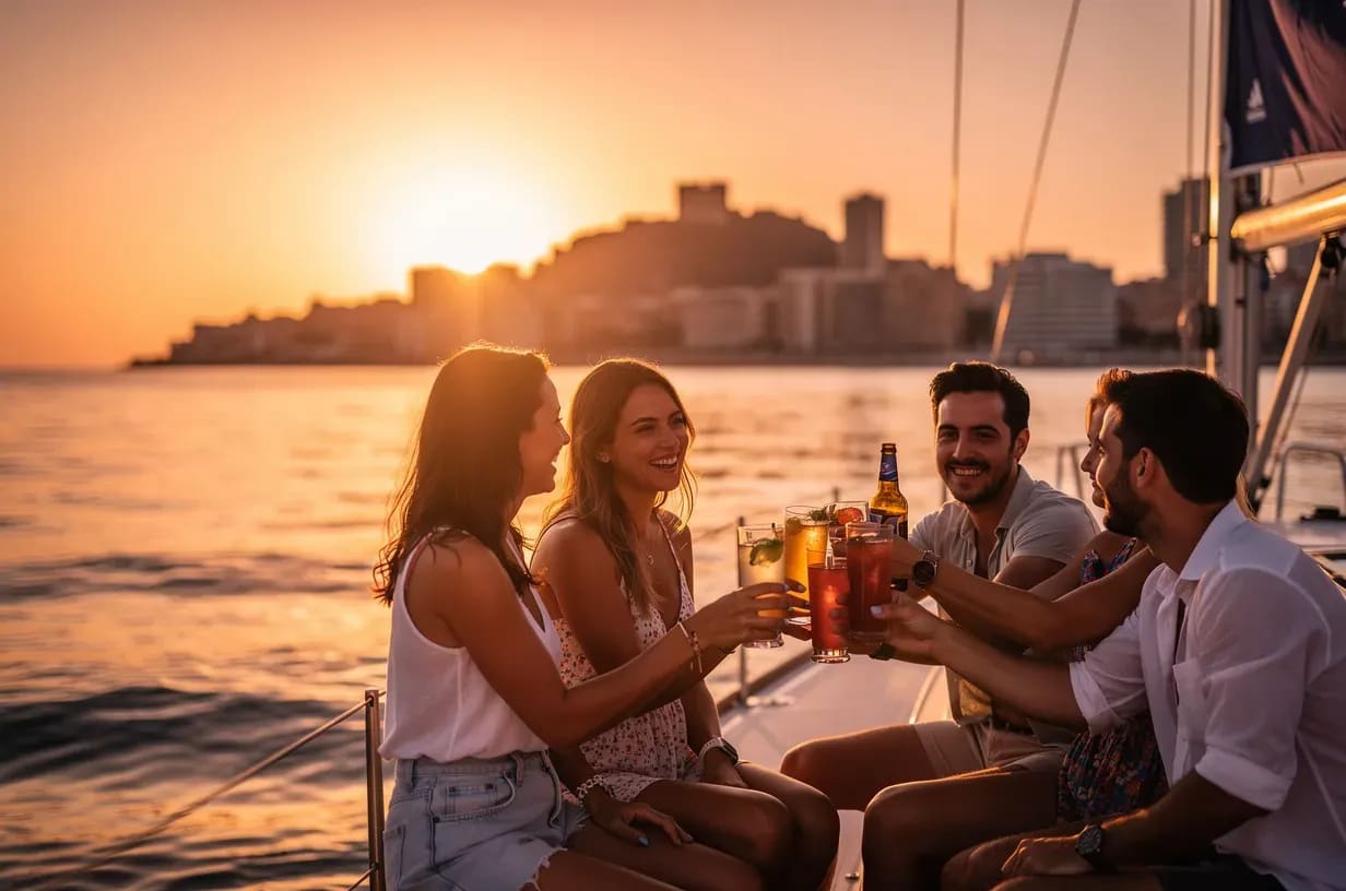 Group of friends toasting at sunset on a sailboat with the Alicante skyline in the background