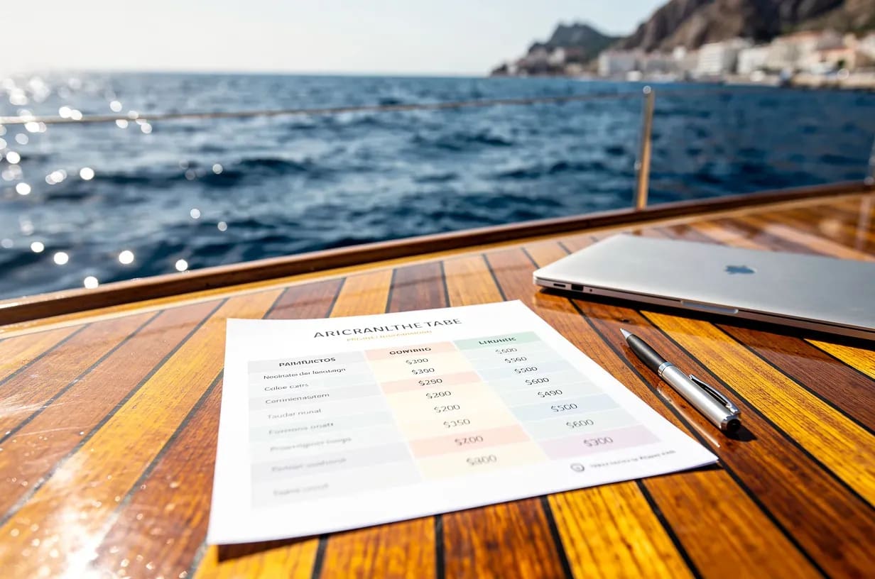 Boat rental rate table with the Mediterranean in the background