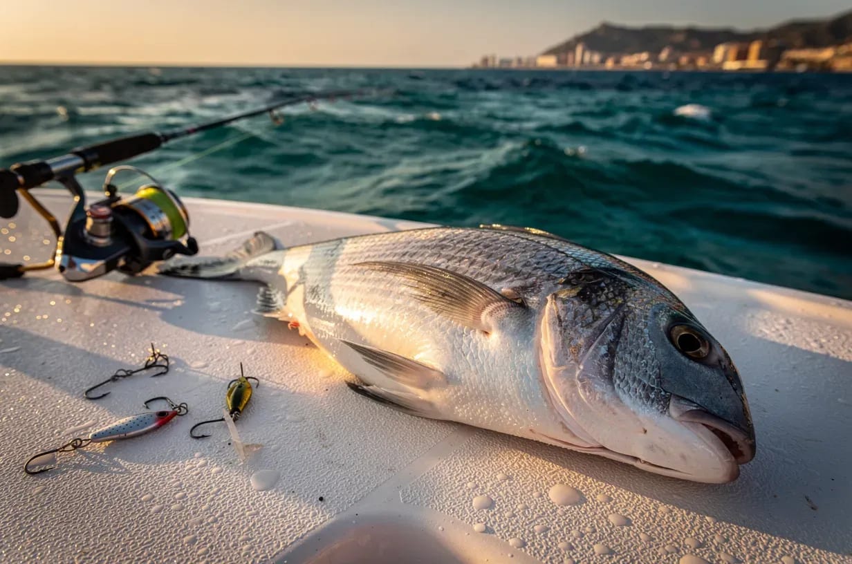 Freshly caught sea bream on the deck of a sailboat with the Mediterranean Sea in the background