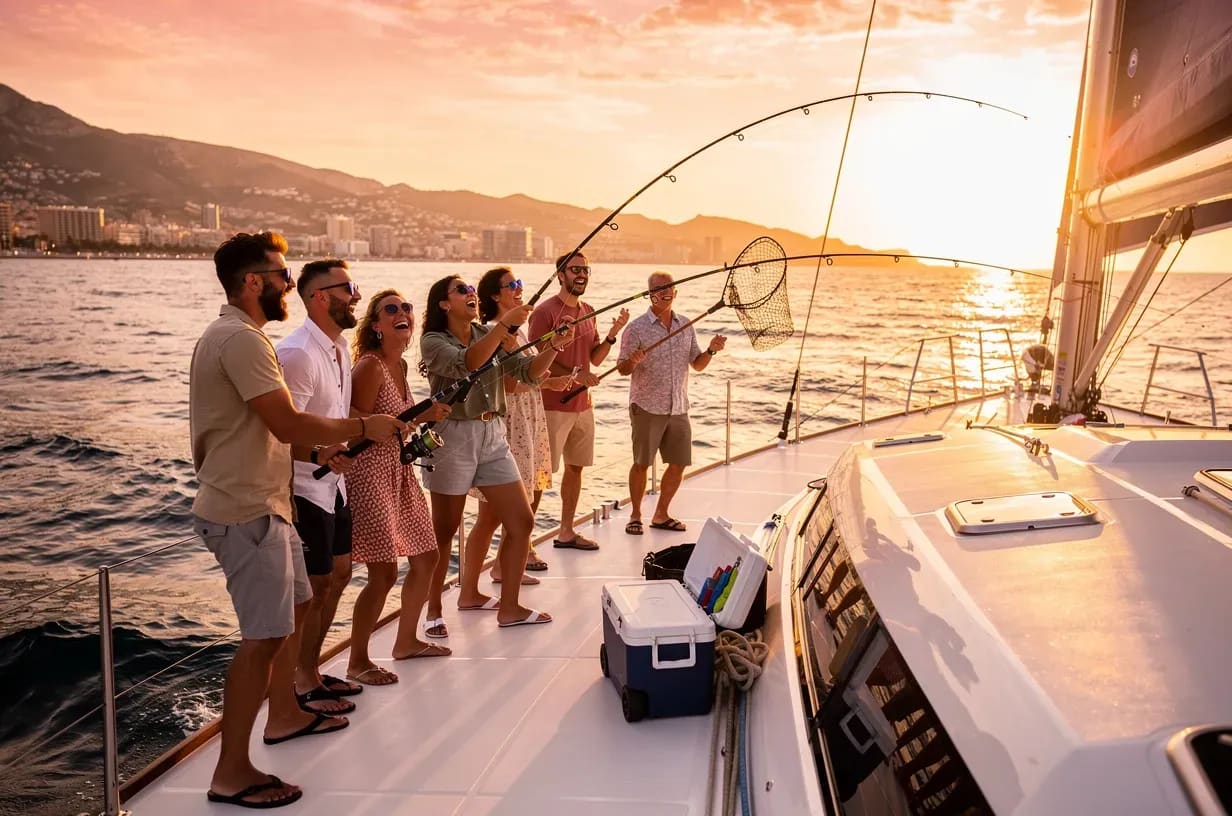 Group of friends enjoying sport fishing on a sailboat at sunset off Alicante