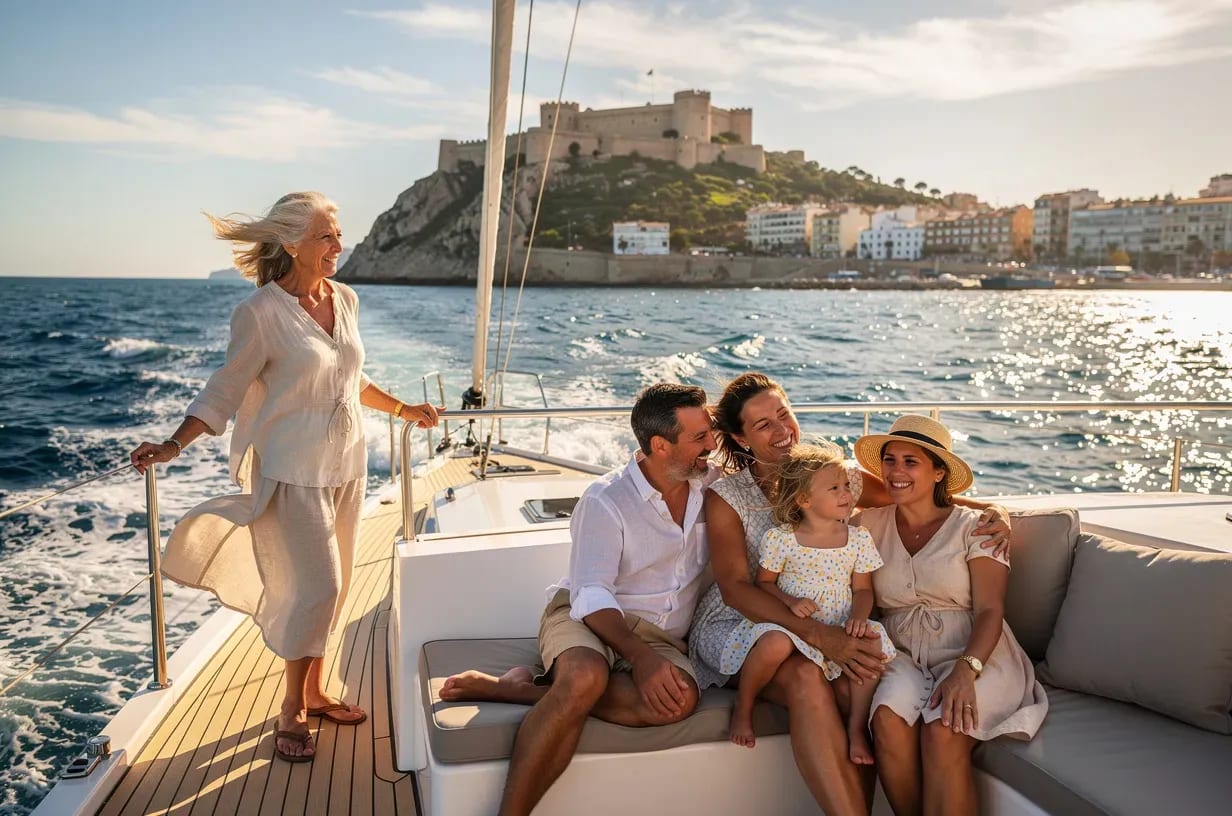 Grupo de amigos navegando en velero por la costa de Alicante con el Castillo de Santa Bárbara al fondo