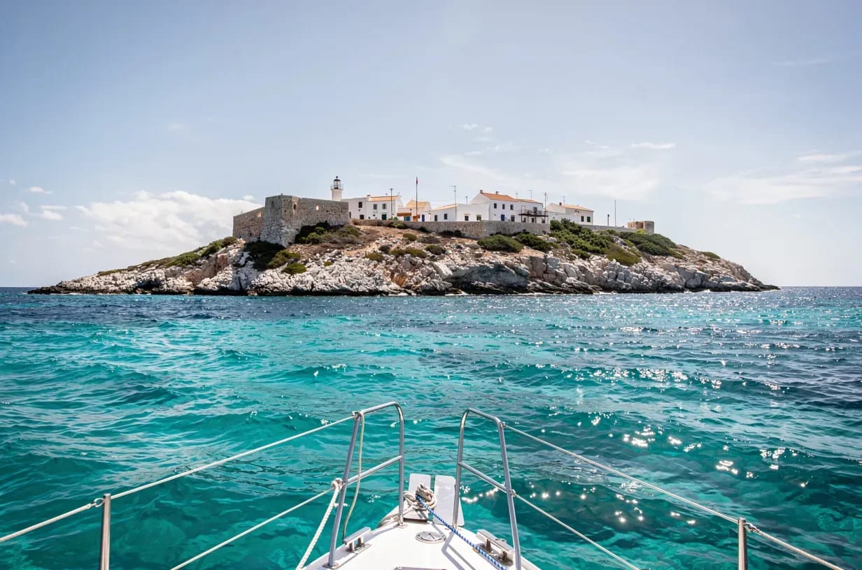 Isla de Tabarca vista desde un velero acercándose con aguas turquesas del Mediterráneo