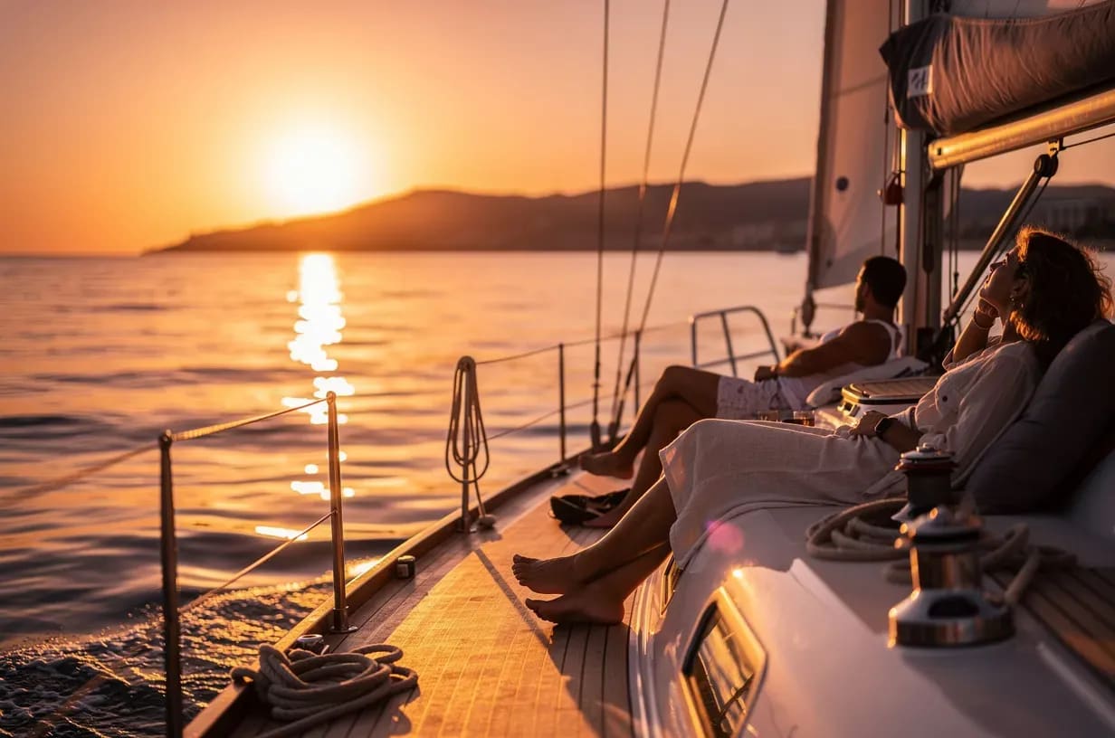 Atardecer dorado desde la cubierta de un velero en el Mediterráneo cerca de Alicante