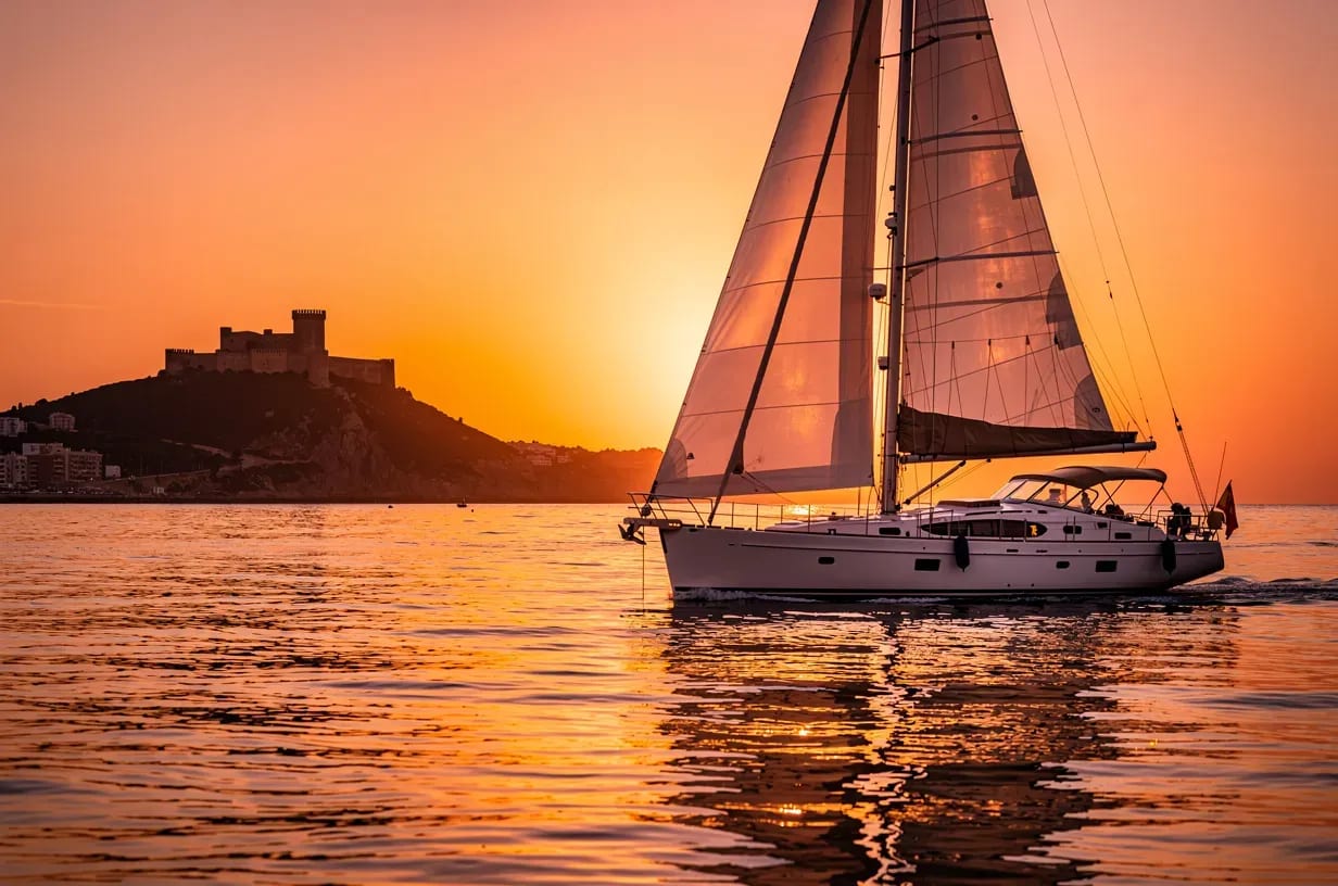 Velero navegando al atardecer en la costa de Alicante con cielo dorado