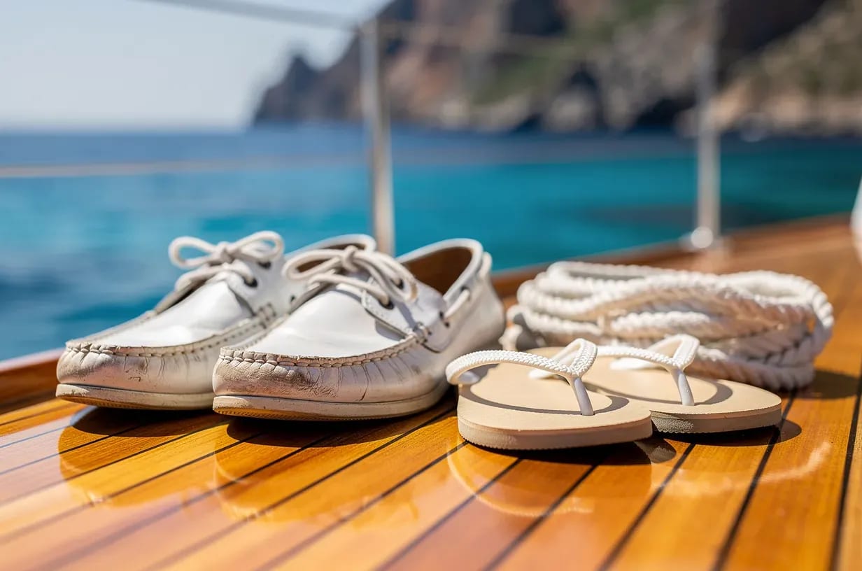 Calzado adecuado para ir en barco: chanclas y zapatillas de suela blanca sobre cubierta de teca