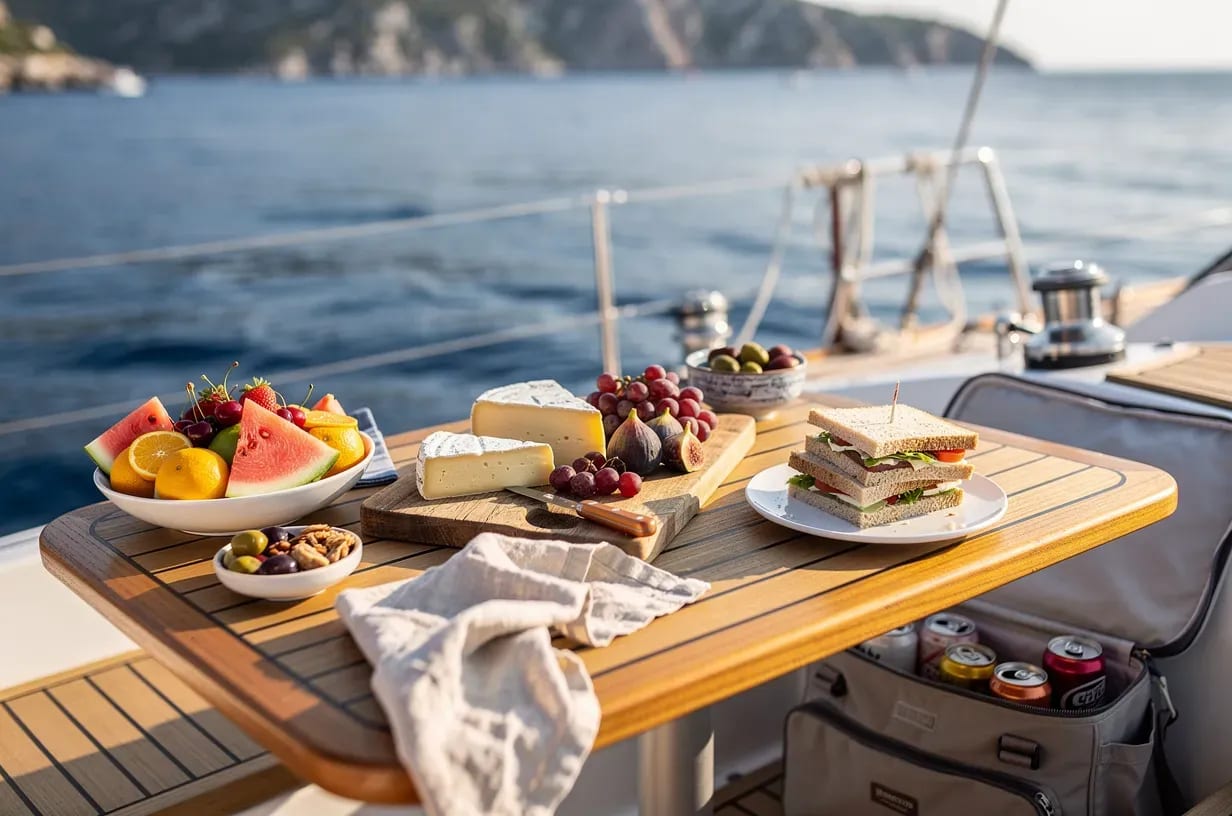 Picnic con fruta, bocadillos y bebidas frías en la mesa de un velero en el Mediterráneo