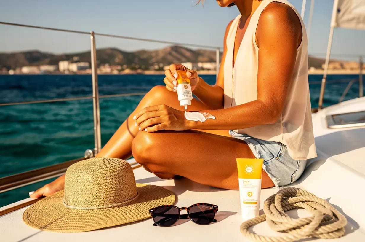 Persona aplicándose crema solar en cubierta de velero con gorra, gafas de sol y protector solar