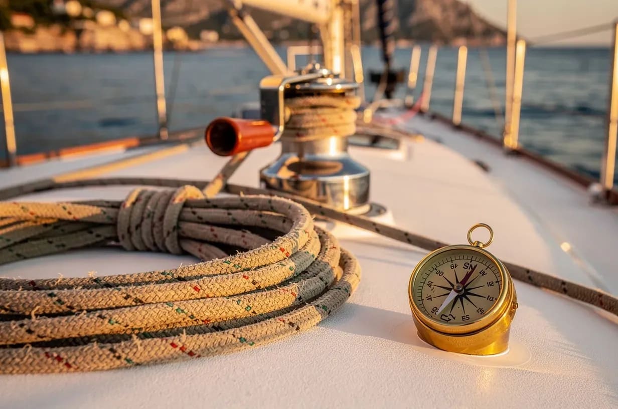 Equipo de navegación en cubierta de velero con cabos y brújula