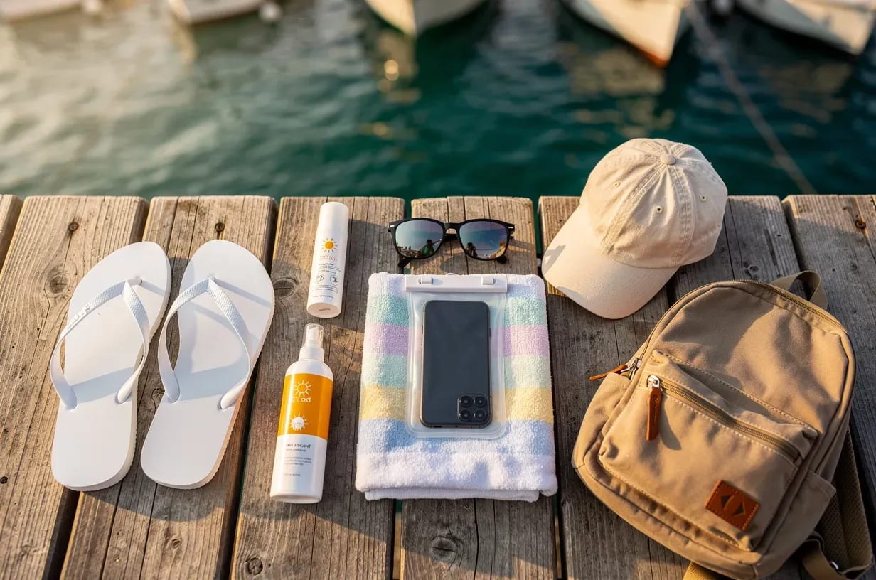 Flat lay de imprescindibles para un día en barco: chanclas blancas, crema solar, gafas, funda de móvil y toalla en un pantalán